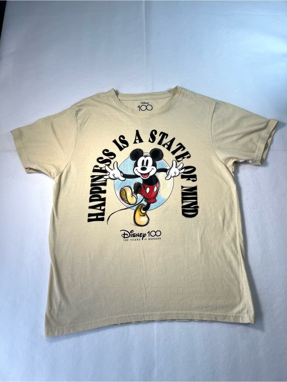 Disney 100 Mickey Mouse "Happiness Is A State Of Mind" Graphic Tee L Cream